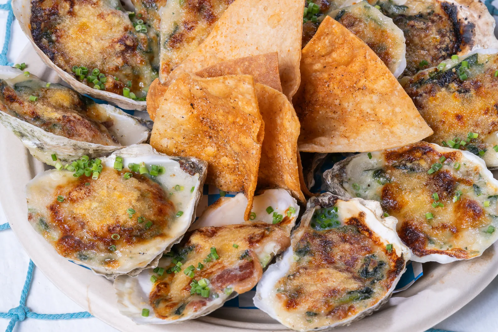 Chargrilled oysters with cheese and green onion from The Lazy Oyster