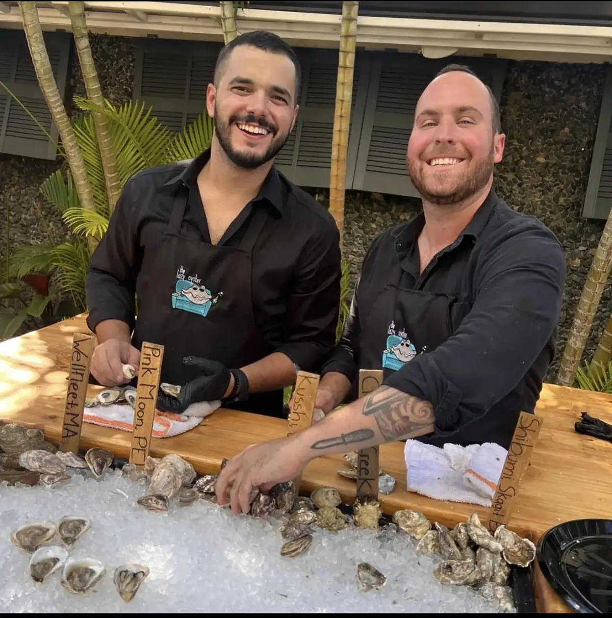 Alex Gilardi and Brandon Mesa, founders of The Lazy Oyster, at their raw bar